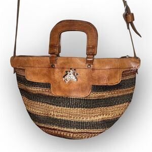Vintage African Sisal Market Woven Bag Leather Handles & Strap Painted Giraffe